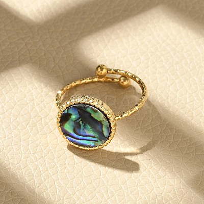 Flat Round 304 Stainless Steel Paua Shell Cuff Rings for Women X-RJEW-G346-10G-01-1