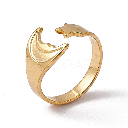 Ion Plating(IP) 304 Stainless Steel Moon & Star Open Cuff Ring for Women RJEW-C045-19G-1