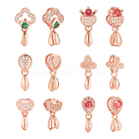 12Pcs 6 Style Long-Lasting Plated Brass Micro Pave Cubic Zirconia Ice Pick Pinch Bails ZIRC-NB0002-04-1