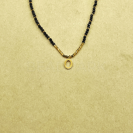 Stainless Steel Initial Pendant Faceted Round Natural Black Spinel Beaded Necklaces for Women ZD9259-15-1