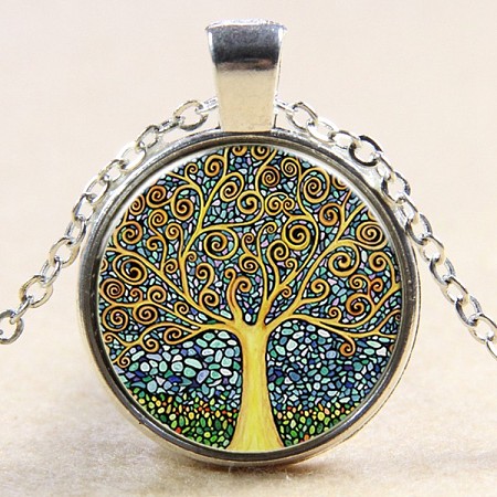 Flat Round with Tree Glass Alloy Pendant Necklaces NJEW-N0051-047H-02-1