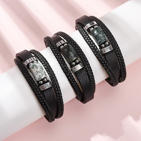 Natural Moss Agate & Braided Microfiber Leather Multi-strand Bracelets for Women Men GG-CBAEA55-01B-1