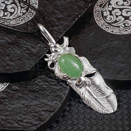 Vintage Natural Green Aventurine Alloy Feather Pendant Necklace for Women Men AO2435-5-1