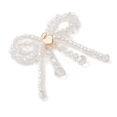 Glass Seed Beaded Bowknot with Heart Pendants PALLOY-MZ01162-02-1