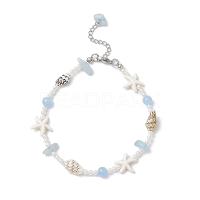 Summer Natural Dyed Aquamarine & Round White Jade & Natural Sea Shell & Shell Pearl & Synthetic Turquoise Starfish Beaded Anklets AJEW-AN00693-1