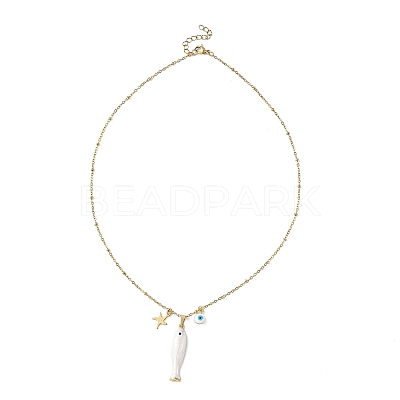 Brass Enamel Evil Eye & 304 Stainless Steel Fish Charms 304 Stainless Steel Chains Necklaces for Women NJEW-JN06382-02-1