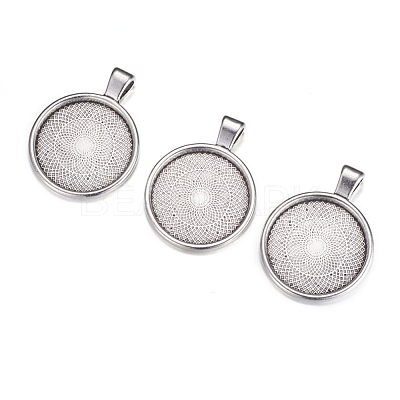 Flat Round Alloy Pendant Cabochon Settings PALLOY-A15654-AS-1