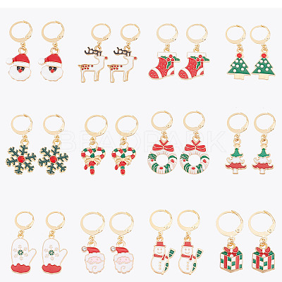 12 Pairs 12 Style 304 Stainless Steel Christmas Dangle Leverback Earrings EJEW-SC0001-34-1