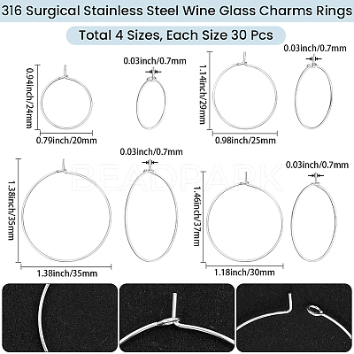 120Pcs 4 Styles 316 Surgical Stainless Steel Wine Glass Charms Rings STAS-BBC0009-37S-1