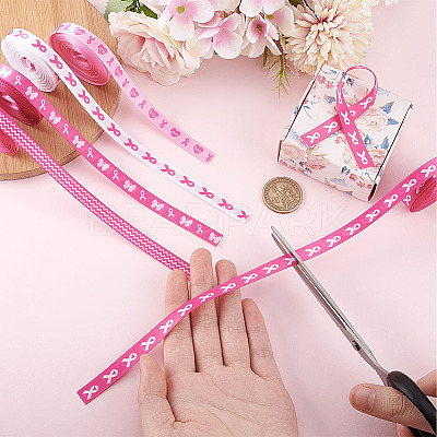 5Rolls 5 Styles Polyester Wave/Breast Cancer Awareness Ribbon Printed Ribbon OCOR-PH0004-22-1