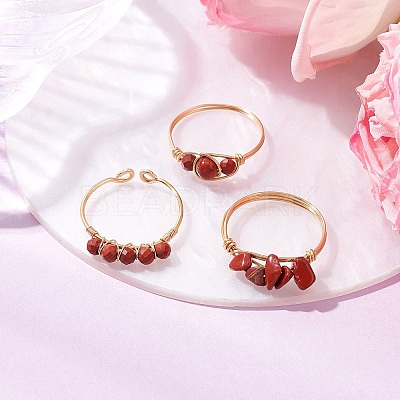 3Pcs Natural Red Jasper Bead Finger Ring RJEW-JR00855-05-1