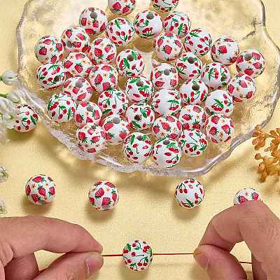 50Pcs 2 Styles Fruit Printed Wood European Beads WOOD-SZ0001-30-1