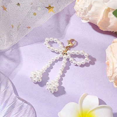 Bowknot Shell Pearl Beaded Pendant Decoration HJEW-TA00297-1