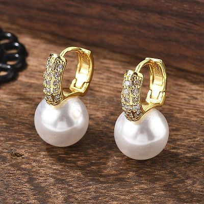Plastic Pearl Dangle Hoop Earrings with Clear Cubic Zirconia EJEW-A070-08G-1