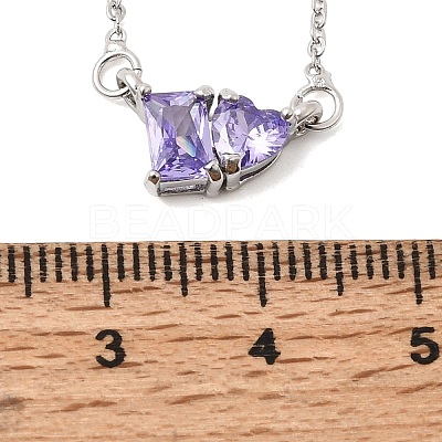 Brass Pave Cubic Zirconia Rectangle and Heart Pendant Cable Chain Necklaces KK-CBAB173-04P-07-1