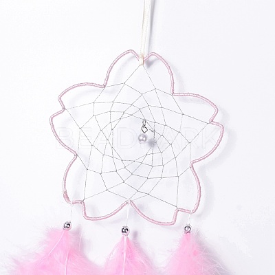 Handmade Flower Woven Net/Web with Feather Wall Hanging Decoration HJEW-A001-03A-1