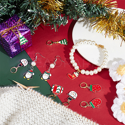 Christmas Alloy Enamel Tree & Gifts Box & Penguin & Snowman & Stocking & Glove Pendant Locking Stitch Markers HJEW-AB00066-1