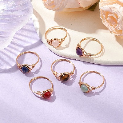Round Natural Amethyst/Green Aventurine/Carnelian/Rose Quartz/Tiger Eye/Lapis Lazuli Braided Finger Ring RJEW-JR00743-02-1