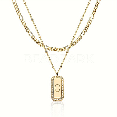 Brass Micro Pave Clear Cubic Zirconia Rectangle with Initial Pendant Double Layer Necklaces for Women FS-WG478B5-03-1