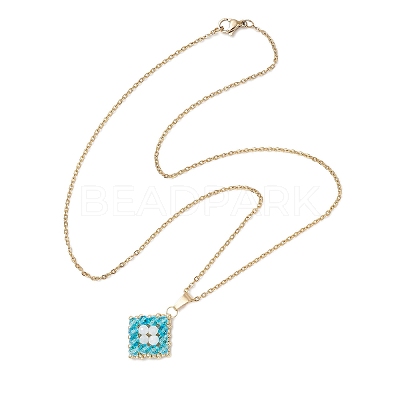 Natural Rainbow Moonstone and Handmade Glass Beaded Rhombus Pendant 304 Stainless Steel Cable Chain Necklaces NJEW-MZ00124-03-1