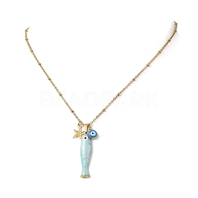Brass Enamel Evil Eye & 304 Stainless Steel Fish Charms 304 Stainless Steel Chains Necklaces for Women NJEW-JN06382-01-1