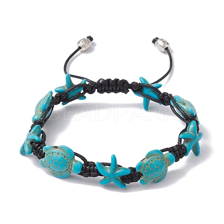 Synthetic Turquoise Starfish & Turtle Braided Bead Bracelet X-BJEW-TA00388-01-1