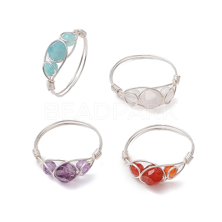 Round Natural Rose Quartz & Amethyst & Fluorite & Carnelian & Amazonite & Red Agate Finger Ring RJEW-JR00757-1