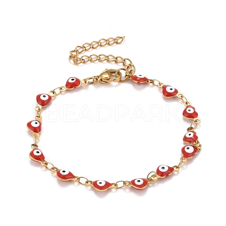 Enamel Heart with Evil Eye Link Chains Bracelet BJEW-P271-07G-01-1