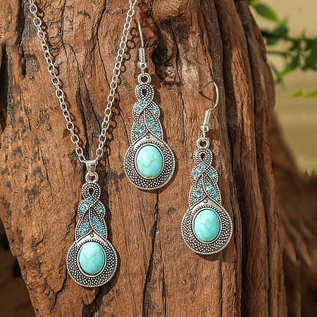 Bohemian Style Alloy & Synthetic Turquoise Pendant Necklaces & Dangle Earrings Sets WG2E1B4-06-1