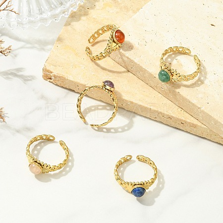 Natural Gemstone Horse Eye 304 Stainless Steel Cuff Open Rings for Women RJEW-JR01066-1