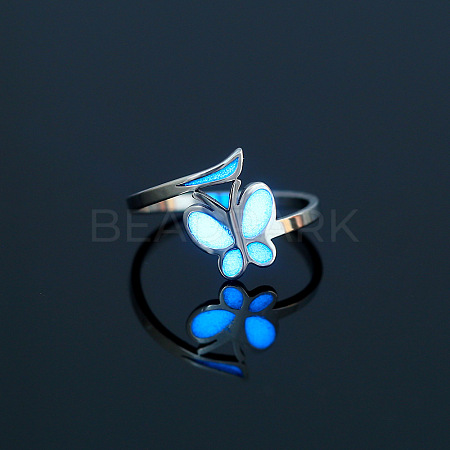 Glow in the Dark Luminous Stainless Steel Butterfly Finger Ring PW-WG57071-01-1
