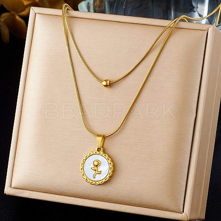 304 Stainless Steel with Natural White Shell Square Disc Pendant Double Layer Necklaces NJEW-K300-06B-G-1