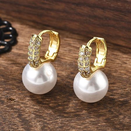 Plastic Pearl Dangle Hoop Earrings with Clear Cubic Zirconia EJEW-A070-08G-1