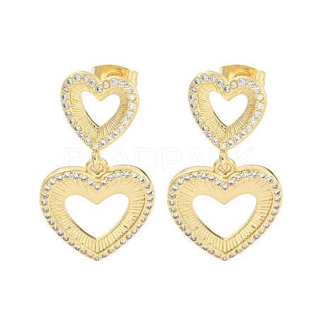 Hollow Heart Brass Pave Clear Cubic Zirconia Dangle Stud Earrings EJEW-M258-26G-1