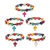Natural Mashan Jade Skull Beaded Stretch Bracelet with Synthetic Turquoise(Dyed) Cross Charm BJEW-JB08372-1