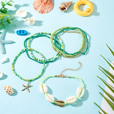 2 Bags Summer Beach Glass Seed Beaded & Natural Shell & Alloy Starfish Charm Anklet Sets AJEW-TA0003-69E-1