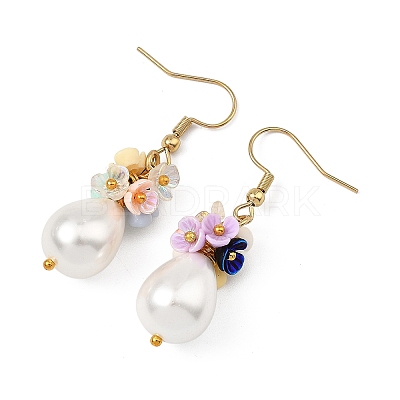 Teardrop Electroplate Shell Pearl & Resin Flower Dangle Earrings EJEW-JE07167-1
