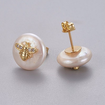 Natural Pearl Stud Earrings EJEW-L231-20G-1