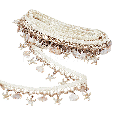 Polyester with Resin Shell Shape & Starfish Charm Lace Ribbon OCOR-WH0078-398-1-1