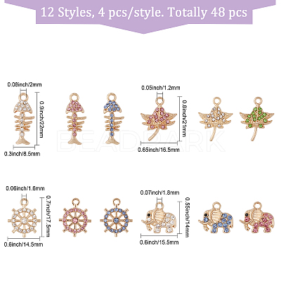 48Pcs 12 Styles Rack Plating Eco-friendly Alloy Rhinestone Pendants FIND-CA0007-95-1