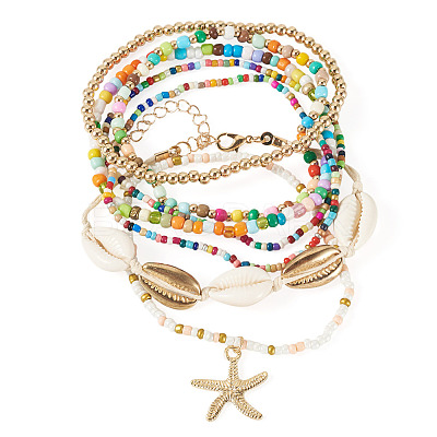 2 Bags Summer Beach Glass Seed Beaded & Natural Shell & Alloy Starfish Charm Anklet Sets AJEW-TA0003-69A-1