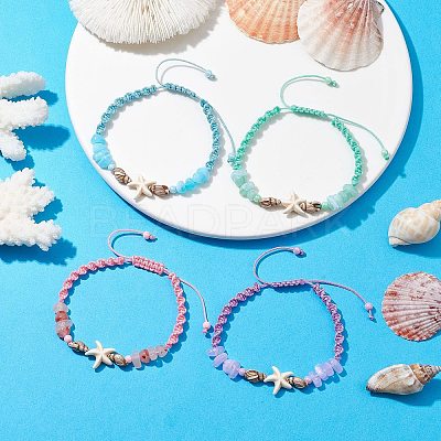4Pcs Adjustable Synthetical Turquoise Starfish Braided Bead Bracelets BJEW-JB10225-1