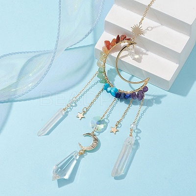 Natural & Synthetic Mixed Stone Wire Wrapped Moon Hanging Ornaments HJEW-JM01615-1