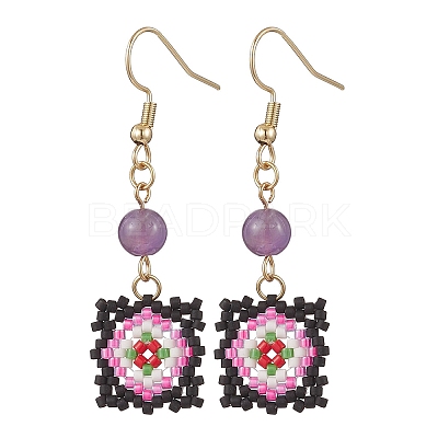 Handmade Glass Seed Beaded Window Lattice Pattern Dangle Earrings EJEW-MZ00560-05-1