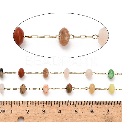 Handmade 304 Stainless Steel Mixed Stone Beads Rondelle Link Chains CHS-B011-09G-1