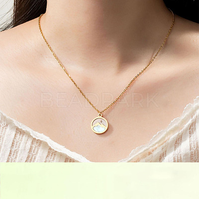 Flat Round 201 Stainless Steel Pave Natural Shell Mustard Seed Pendant Necklaces for Women WG511AE-05-1