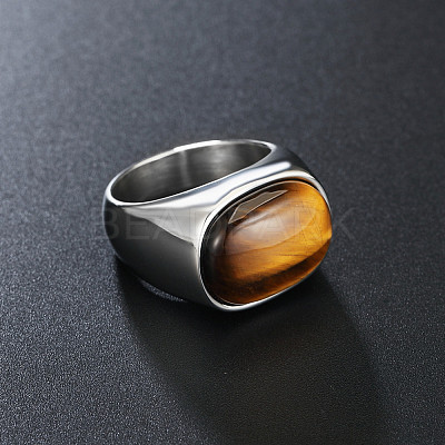 304 Stainless Steel with Natural Tiger Eye Finger Rings for Men FS-WG155DB-05-1