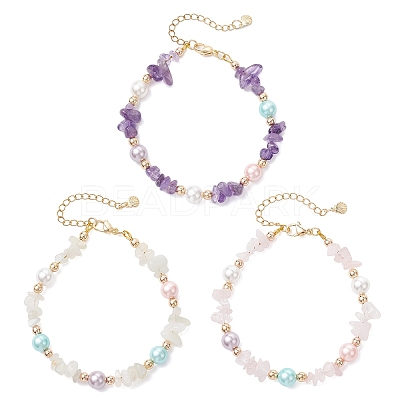 3Pcs Natural Rose Quartz & Amethyst & White Moonstone Chip Beaded Bracelets for Women BJEW-JB12309-1