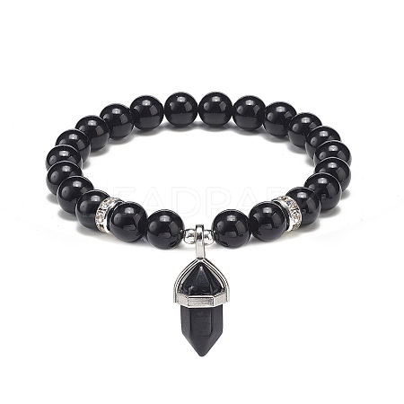 Natural Obsidian Round Beaded Stretch Bracelet with Bullet Charms BJEW-JB09018-05-1