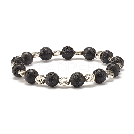 Round Natural Lava Rock & Heart Alloy Beads Stretch Bracelet BJEW-JB07458-1